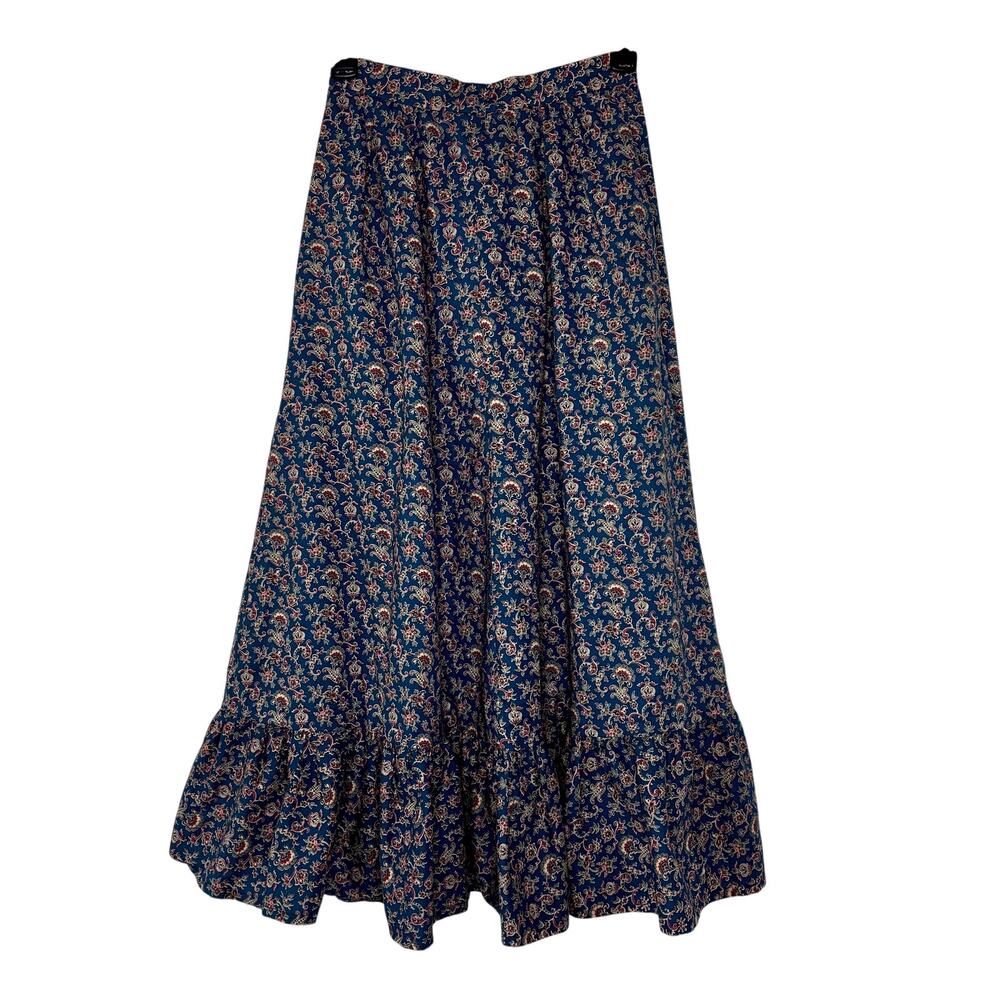 Vintage 1970s Handmade Blue Paisley Chore Skirt Apron Ruffle Pockets Large